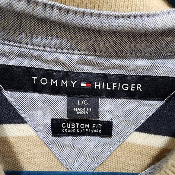 Tommy Hilfiger Men’s L Beige Navy Stripe Short Sleeve Polo Shirt 100% Cotton - Picture 7 of 10